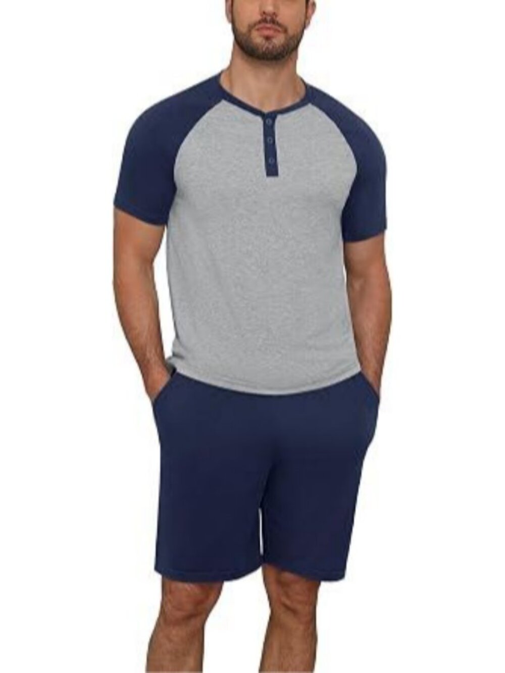 Mens Two Piece Henley Pajama Set Short Sleeve Sleep Shirt